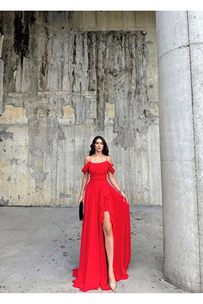 bella istanbul Alice Madonna Yaka İp Askılı Yırtmaçlı Abiye
