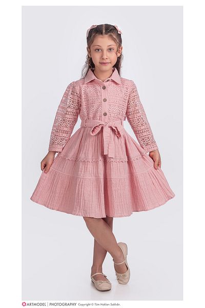 Zaziko Kids Rochie pentru fetiță, cu mânecă lungă, cu curea, cu nasturi, ELB.2699-Z