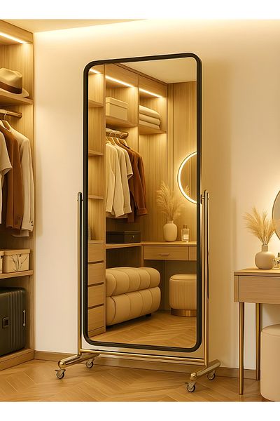 Taimi Large Mirror With Elegant Design 170 X 70 Cm - Full Length Mirror With Wheels And Black Steel Frame