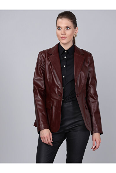 Basics&More سترة نسائية من الجلد باللون العنابي بزر واحد B2020