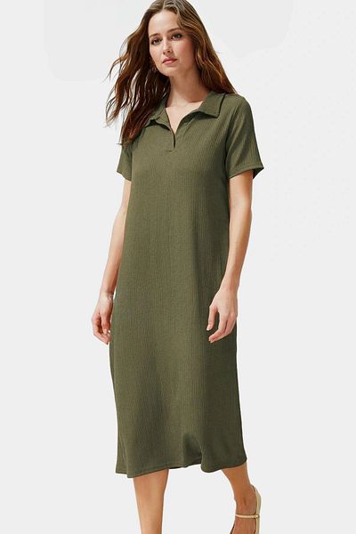 PayBuy Women's Knitted Short Sleeve Polo Neck Midi Dress Comfortable Summer Casual Style Durable Material