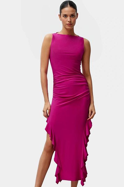 PayBuy Maxi Dress Knitted Fabric Boat Neck Ruffle Detail Stylish Summer Distinguished Material Zarifane Design