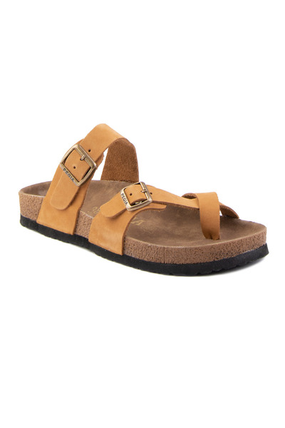 Pegia Γυναικείες δερμάτινες παντόφλες με λουράκι 215522