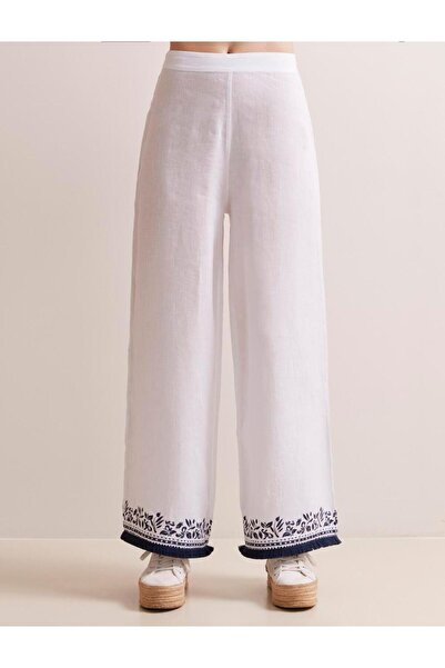 Jimmy Key Fehér, bő szabású, magas derekú, széles szárú vászonnadrág