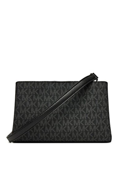 Michael Kors Women's Adjustable Shoulder Strap Monogram Logo Patterned Magnetic Closure Zipper Compartment Black Shoulder Bag