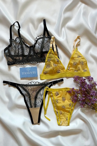 MAİZEN 2-Piece Lace Bra Set Women's Non-Filling Gathering Beige Yellow Chick Twety