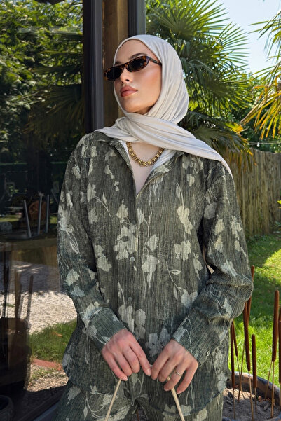 Bipantolon Women's Green Leaf Effect Crinkle Shirt Pants Bottom Top Set