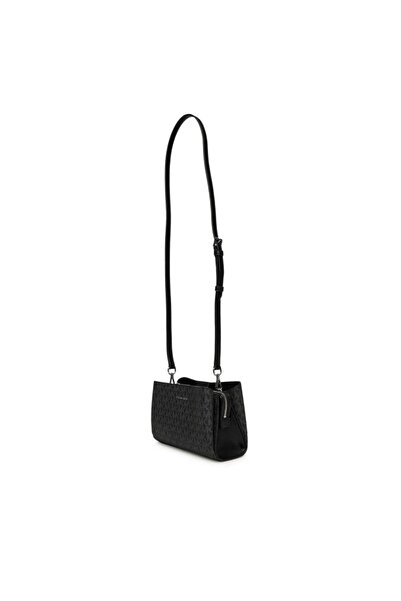 Michael Kors Women's Adjustable Shoulder Strap Monogram Logo Patterned Magnetic Closure Zipper Compartment Black Shoulder Bag