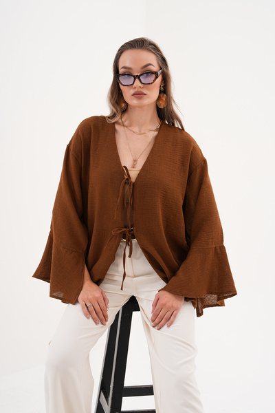 happinice Γυναικείο Καφέ Λινό Κιμονό με Διπλό Δεσμό