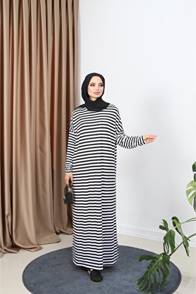 NİSUM MODA فستان مخطط بتفاصيل فتحات على الجانبين