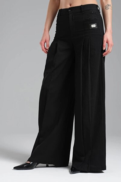 tw3 Γυναικείο παντελόνι Palazzo από χοντρό λινό ύφασμα με λεπτομέρεια πλισέ