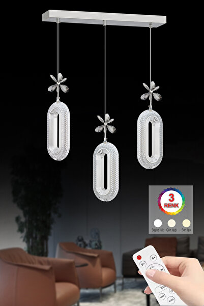 İstanbul Avize Led Alfa 3'lü Sıralı Gümüş Yemek Masası Kumandalı 3 Renk Ledli Modern Led Avize