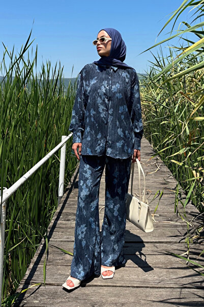 Bipantolon Set de pantaloni de cămașă cu efect de frunze bleumarin pentru femei