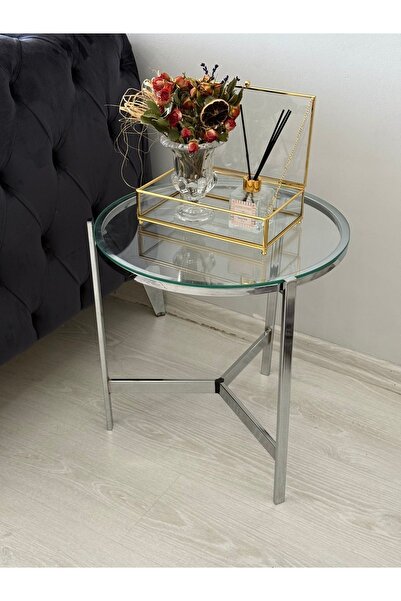 AssuCass Metal Camlı Yan Sehpa Gümüş - Şeffaf