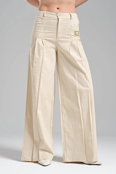 tw3 Γυναικείο παντελόνι Palazzo από χοντρό λινό ύφασμα με λεπτομέρεια πλισέ