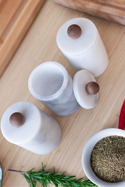 Akayev 3-Piece Spice Rack with Marble White Wooden Handles