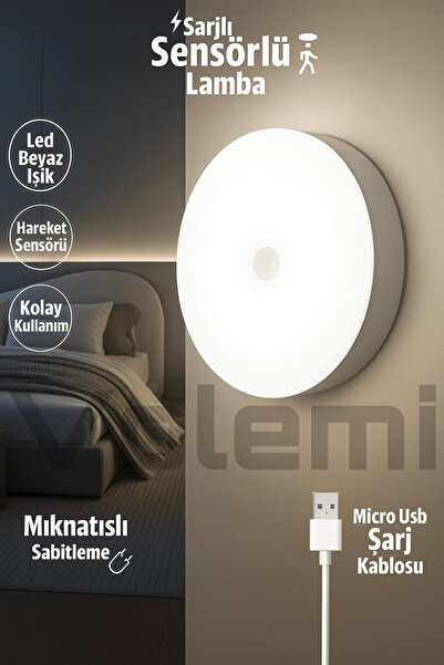 VOLEMİ 8 Led’li Hareket Sensörlü Lamba – Usb Şarjlı, Beyaz Işık Modlu