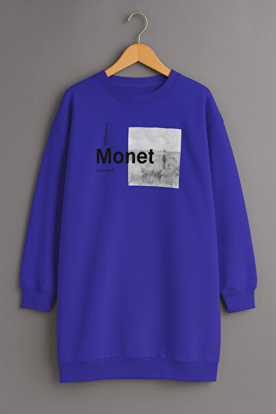 PONÇİK Kadın Oversize Baskılı Uzun Sweatshirt / Tunik 24539 Sax
