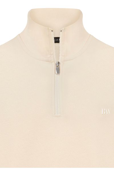 Basics&More Men's Relax Fit Relaxed Cut Cotton Half Zip Ecru Stand Collar Sweatshirt