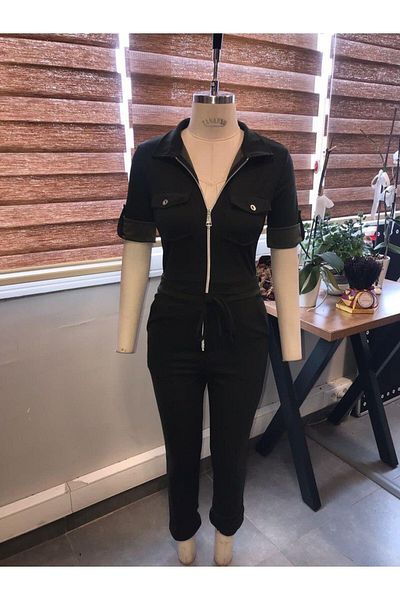 rengamoda Women's Black Imported Crepe Fabric Zippered Pocket Detail Belted Jumpsuit
