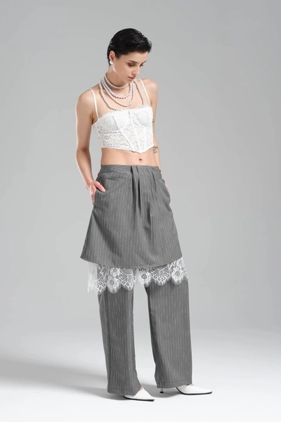 tw3 Women's Woven Fabric Lace Garnished Two Piece Design Skirt Pants