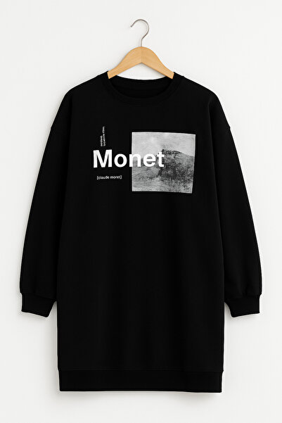 PONÇİK Kadın Oversize Baskılı Uzun Sweatshirt / Tunik 24539 Siyah