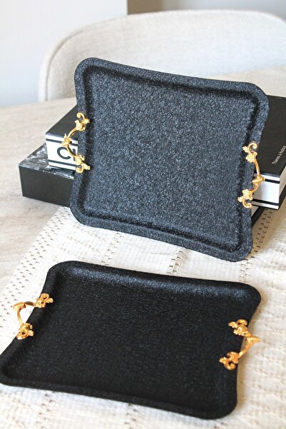 Moon Dizayn 2 Adet (2 KİŞİLİK) Siyah Dokulu Sunum Kahve Sunum Tepsisi