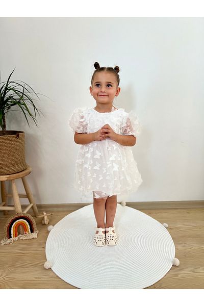 2kids2mom Butterfly Pattern White Color Dress Short Sleeve Bow Birthday Party Wedding Special Occasion Tulle Lined