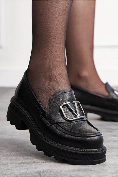 İmerShoes Черни мокасини - V катарама, дебел ток и мокасини с овални пръсти 7455