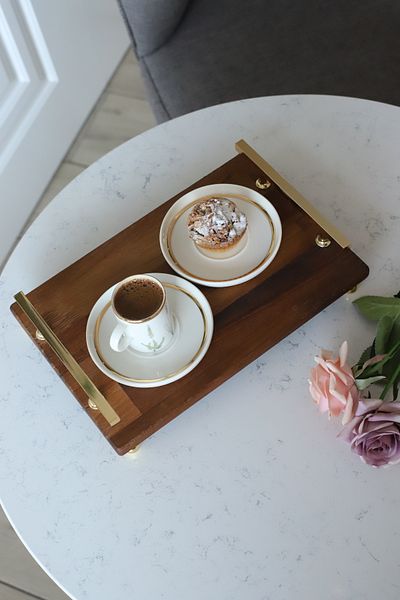 Akayev Florya 30x19 Cm Tray - Wooden, Gold Beaded Legs, Engagement Promise Tray, Gold Handles, Coffee Corner Presentation Table