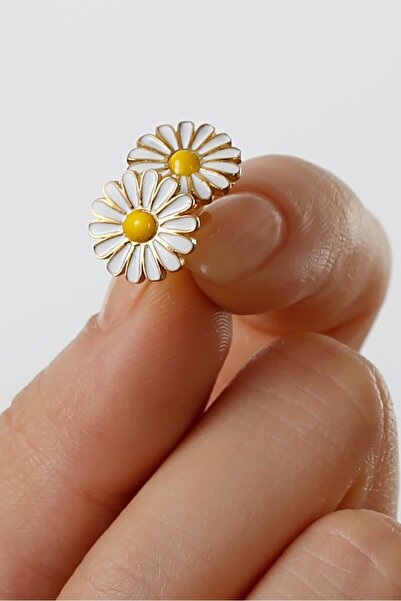 Takı Dükkanı Gold Sarı Renk Mineli Kadın Papatya Küpe Klipsli bbe02