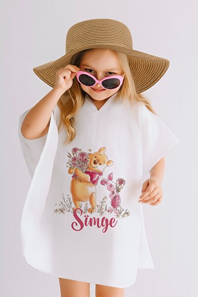 Lilabio İsme Özel %100 Pamuk Müslin Kapüşonlu Kız Çocuk Panço Bornoz Winidi Pooh