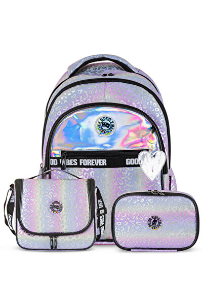 Eazy Kids 17" School Bag Set of 3 w/ Lunch Bag and Pencil Case - Good Vibes - Silver