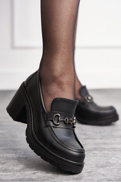 İmerShoes Дамски ежедневни черни мокасини с катарама, дебел ток и овална подметка, 76706
