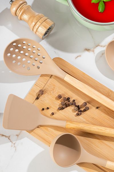 Porsima 3167 Bamboo Wooden Handle Silicone 4 Piece Serving Set Kapicino