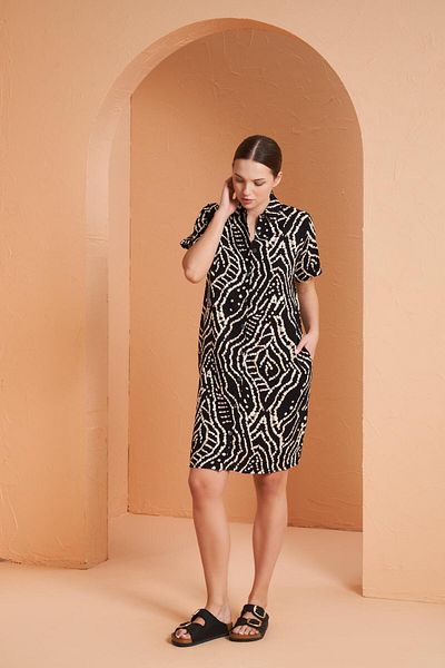 PJS Women's Shirt Collar Front Buttoned Short Sleeve Viscose Dress