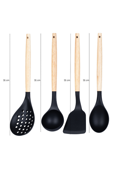 Porsima 3168 Bamboo Wooden Handle Silicone 4 Piece Serving Set Black