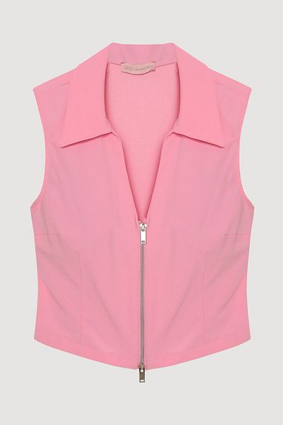 Quzu Zippered Sleeveless Blouse Pink