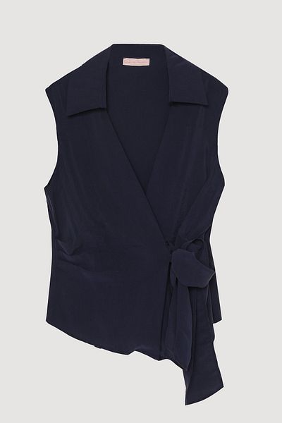 Quzu Αμάνικη μπλούζα με διπλό γιακά με δέσιμο Navy Blue