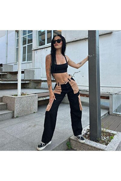 Köstebek Bej Parçalı Kargo Cepli Siyah Pantolon