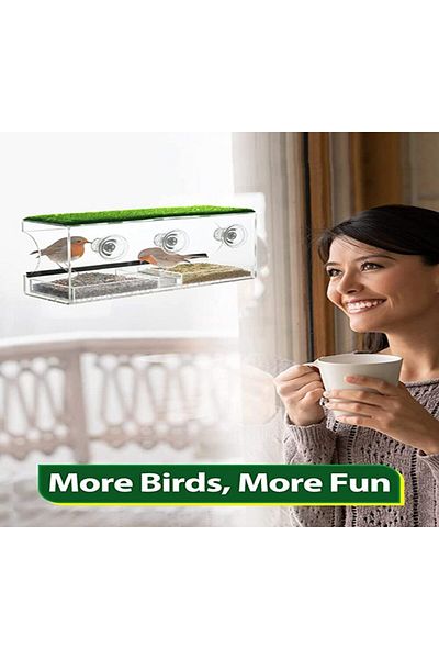 SMARTPOINTS Large Window Bird Feeder with Artificial Grass, Wild Acrylic Bird Feeder with 3 Strongest Screw Suct