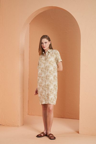 PJS Women's Beige Patterned Shirt Collar Short Sleeve Viscose Dress