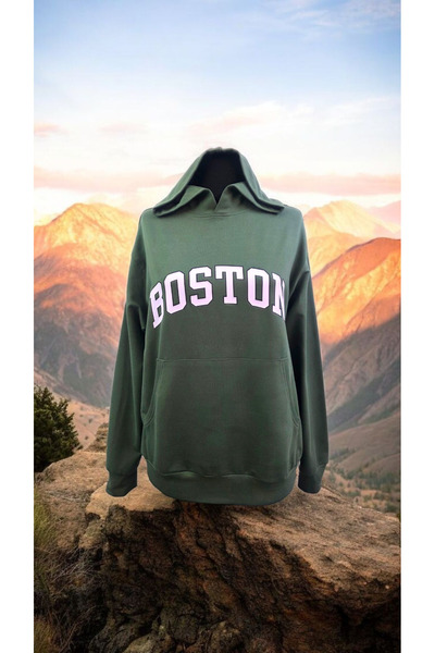 AHMERA Unisex Khaki Green Regular Fit Hooded Kangaroo Pocket Long Sleeve Printed Sweatshirt