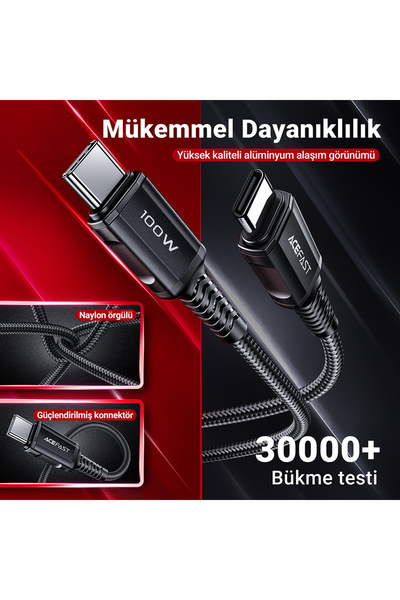 Acefast C4-03 Pd Type-c To Type-c 100w 5a Hızlı Şarj Ve Data Kablosu Siyah