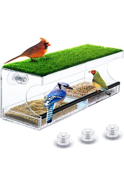 SMARTPOINTS Large Window Bird Feeder with Artificial Grass, Wild Acrylic Bird Feeder with 3 Strongest Screw Suct