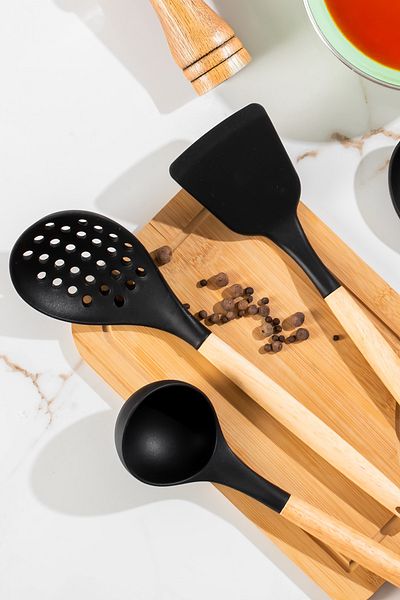 Porsima 3168 Bamboo Wooden Handle Silicone 4 Piece Serving Set Black