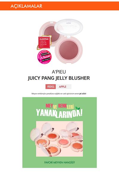 Missha Natural and Bright Appearance with Fruit Colors Gel Blush a'Pieu Juicy-Pang Jelly Blusher (Rd01)
