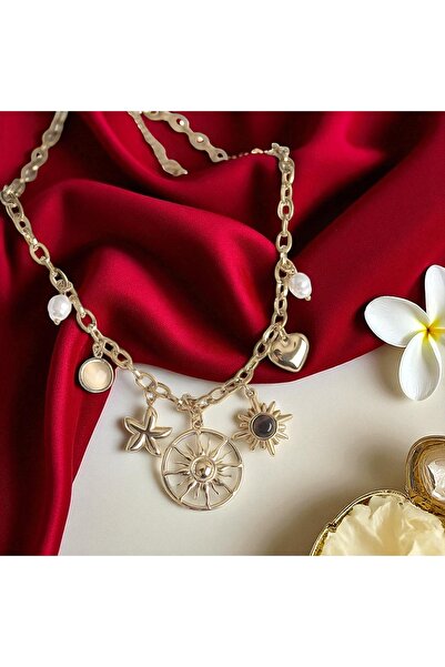 rafiel Altın Renk Kaplama Paslanmaz Çelik Charm Kolye - Zirkon Taşlı Güneş, K...