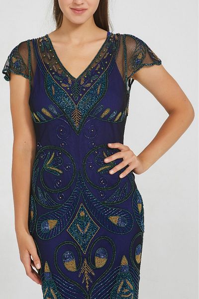 GATSBYLADY LONDON Peacock Flapper Dress in Navy