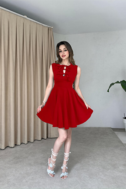 ALFUDO Moda Collection Göğsü Bağcıklı Muadil Kloş Kırmızı Elbise